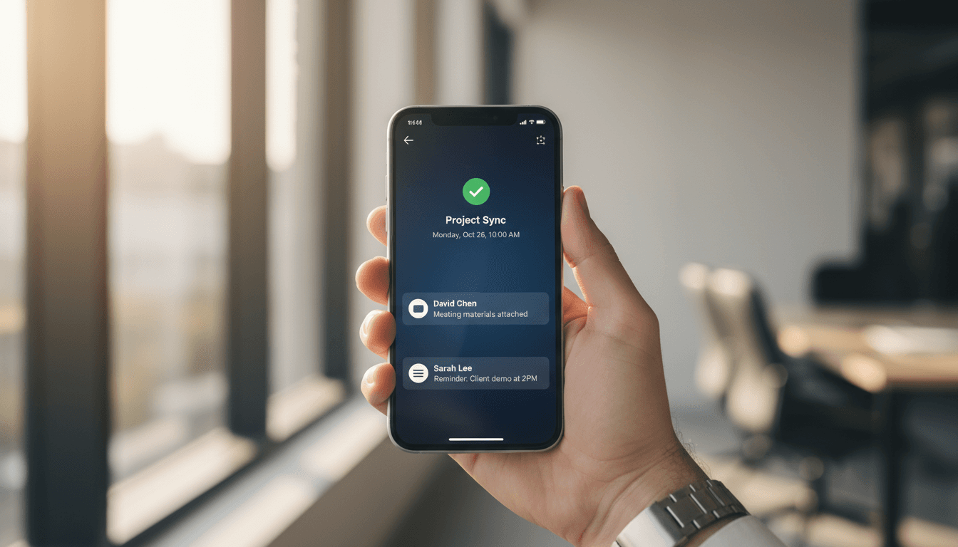 A hand holding a smartphone displaying a calendar booking confirmation with message notifications in a blurred office environment