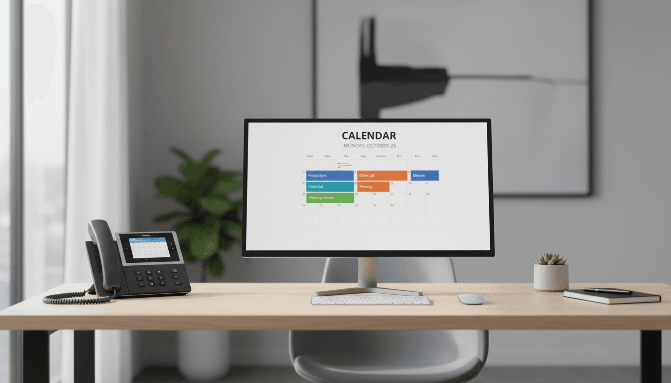 Modern office desk with phone and calendar on screen