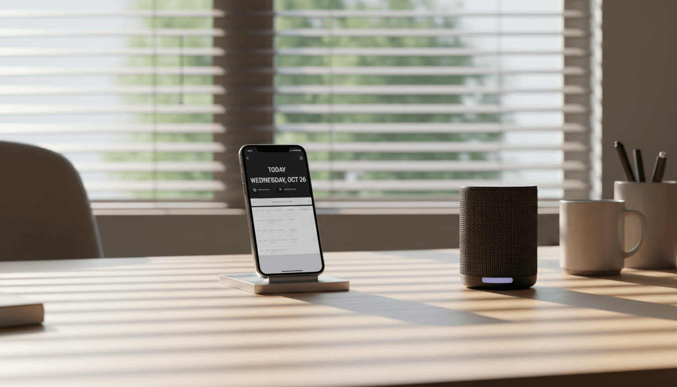 Smartphone and speaker on an office desk ready to manage calls