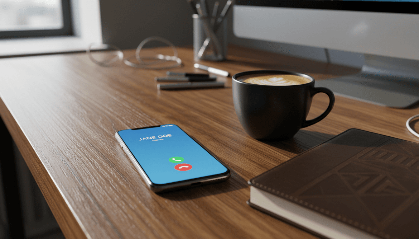 Smartphone on a desk showing an incoming call