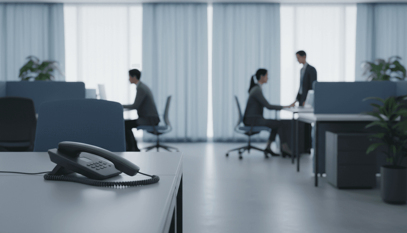 Desk with a phone receiver off the hook in a blurred office setting
